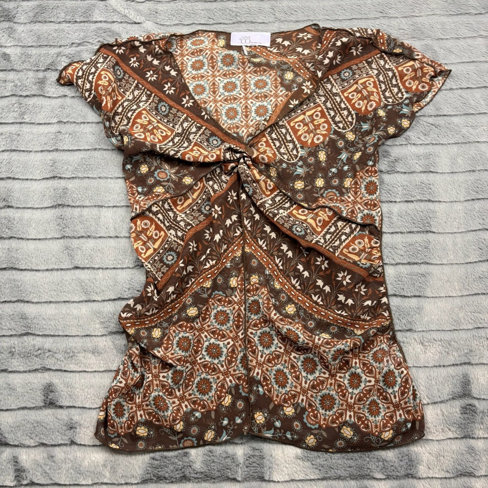 Nine & Co Nine West Brown Boho Paisley Twist V-Neck Short Sleeve Blouse 11599